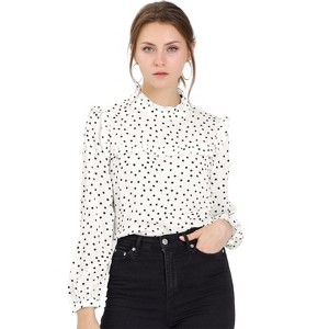 Allegra K Women's Vintage Ruffle Stand Collar Long Sleeves Polka Dots Blouse - 1 of 4