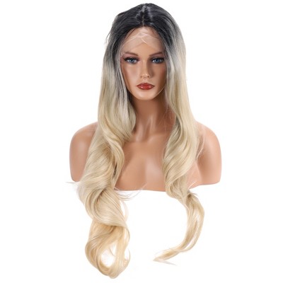 Unique Bargains Women's Long Natural Curly Lace Front Wigs with Wig Cap 26" Black Gold Tone 1 Pc