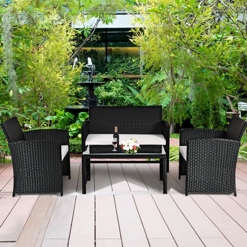 Tangkula 4 Piece Outdoor Patio Rattan Furniture Set Black Wicker Cushioned Seat For Garden, porch, Lawn, 3 of 9