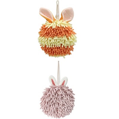 REGALWOVEN 2 Packs Fluffy Chenille Rabbit Shape Cute Soft Absorbent Hanging Ball Hand Towels 7" x 7"