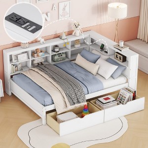 Twin/Full Size Wooden Daybed with 2 Drawers/Trundle, Storage Shelf and USB Charging Ports, 4Q -ModernLuxe - 1 of 4