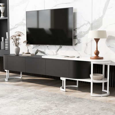 68-76"W Extendable TV Stand TV Console Entertainment Center Media Console with 3 Drawers and Adjustable Legs for TVs Up to 75", White+Black-ModernLuxe