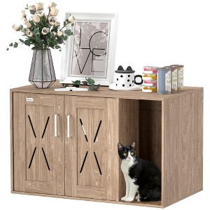 PawHut Cat Litter Box Enclosure, Hidden Litter Box Furniture with Scratching Board, Cat Washroom End Side Table, 31.5" x 19" x 20", Walnut Brown - 1 of 4