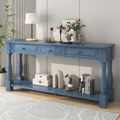 PAGED Mediterranean Style Extra-Long Console Table, 63" Entryway Table with Drawers and Shelf, Entryway Sofa Table with Solid Wood Legs