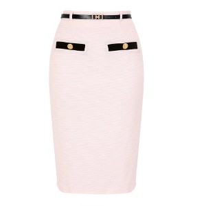 INSPIRE CHIC Women's Tweed High Waisted Button Decor Bodycon with Belt Office Midi Skirts - 1 of 4