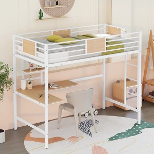 ALEXOUN Metal Loft Bed Frame with Desk and Storage Bookshelf,Full-Length Guardrails and Ladders,for Teens Adults, No Box Spring Needed - 1 of 4
