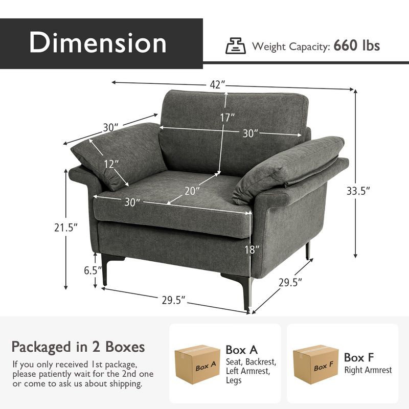 Costway Modern Linen Fabric Accent Armchair Upholstered Single Sofa w/ Metal Legs Grey, 4 of 10