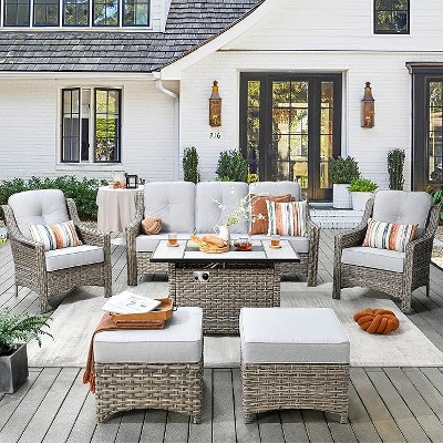 XIZZI 6 Pieces Furniture Set with Fire Pit Table, All Weather Wicker Furniture Set with 3-Seat Sofa and Ottomans, Rattan Conversation Set