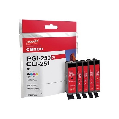 Staples Reman Inkjet Cart Canon PGI-250XL Blk HiYld & CLI-251 B/C/M/Y 5/PK 1004294