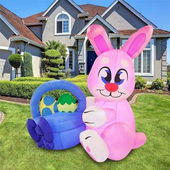 Joiedomi 6 ft Easter Bunny with Basket Inflatable Blow Up Easter Eggs with Build-in LEDs Inflatable Outdoor Decoration for Easter