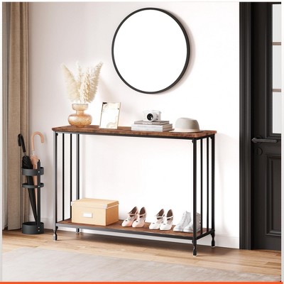 Homhougo Console Table, Sofa Tables Narrow Entryway Table with Wood Shelf and Metal Frame Brown