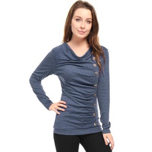 Allegra K Women's Cowl Neck Long Sleeves Buttons Decor Solid Ruched Top - 1 of 4
