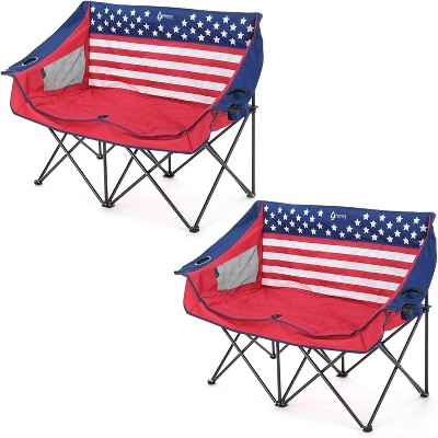 Arrowhead Outdoor Portable Folding Double Duo Camping Chair Loveseat Couch w/ 2 Cup & Wine Glass Holder, Supports up to 500lbs (American Flag)