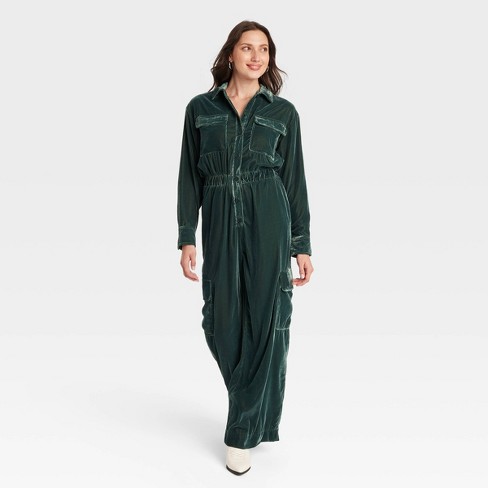 Women s Long Sleeve Velvet Cargo Jumpsuit Universal Thread Green 4 Target