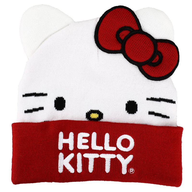 Sanrio Hello Kitty Big Face Bow Embroidered Beanie Hat for Girls, 1 of 3