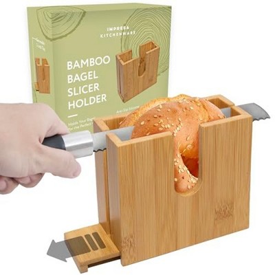 Impresa Bamboo Bagel Slicer Holder for Safe & Even Slices - Removable Bottom For Cleaning