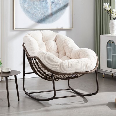 Living Room Rattan Woven Rocking Chair,Velvet Upholstered Recliner Chair With Metal Frame,Egg Chair For Outdoor Patio Bedroom-Coolbibila