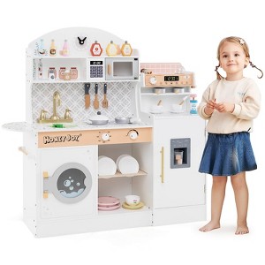 Honeyjoy Kids Kitchen Set Wooden Kitchen Playset with Clock, Microwave, Sink, Dish Rack White/Pink/Brown - 1 of 4