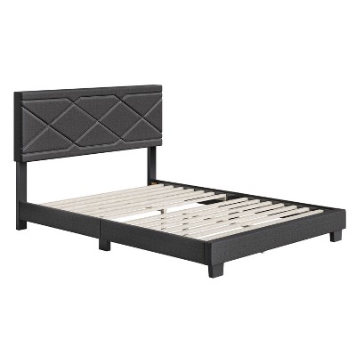 Boyd Sleep VMI1408CHQN Boullion Linen Upholstered Queen Size Platform Bed Frame with Decorative Design Headboard and Wood Slat Supports, Charcoal Grey