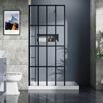 Lirago,Black 34"x72" Walk-in Shower Door with Tempered Glass & Adjustable Support
