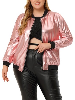 Agnes Orinda Women's Plus Size Party Metallic Sequin Sparkle Zip Bomber  Jackets Gold 3X