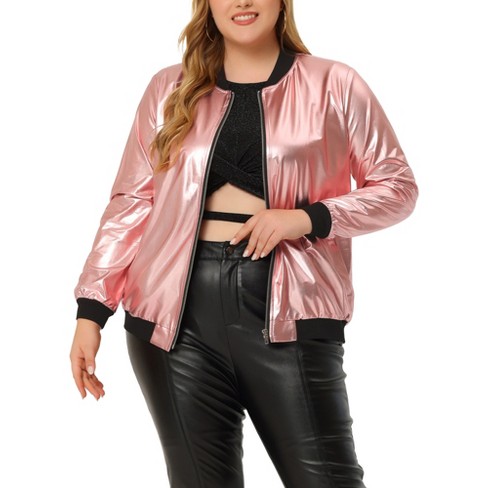 Agnes Orinda Women s Plus Size Bomber Jacket Zip Up Party Outwear with Pockets Rose Gold 4X