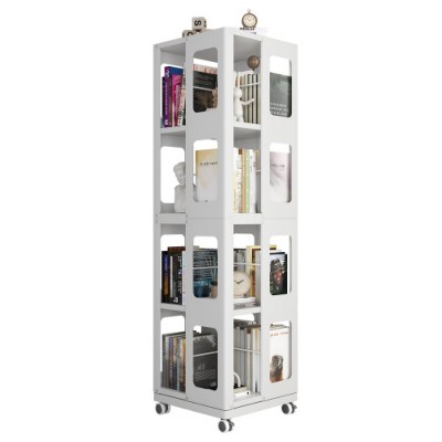 White 4-tier all-steel rotating bookcase with 360° rotating wheels, large capacity, sturdy and durable bookcase
