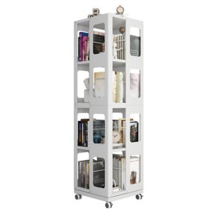 White 4-tier all-steel rotating bookcase with 360° rotating wheels, large capacity, sturdy and durable bookcase - 1 of 4