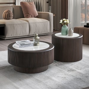 Sapphtopaz Modern Coffee Table with Faux Marble Pattern Stickers Round End Coffee Table Small Side Table for Living Room,Apartment,Dark Brown - 1 of 4