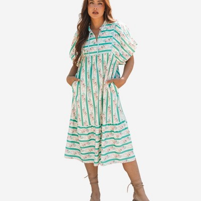 Amaryllis Women’s Midi Dress Vertical Floral Stripe Print Flutter Sleeve Split Neck Tiered Dress