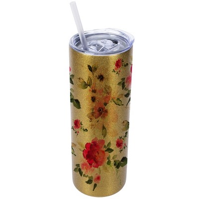 Elanze Designs Vegas Gold 20 Ounce Double Wall Stainless Steel Glitter Travel Tumbler With Sliding Lid And Straw, Floral