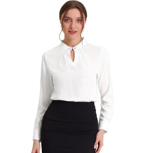 INSPIRE CHIC Women's Pleated Mock Neck Pearl Decor Elegant Work Blouse - 1 of 4