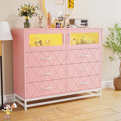 Jojoka 8 Drawer Dresser with Doors, Charging Station & LED Lights, Tall Storage Cabinet Chest for Bedroom, Living Room, Hallway