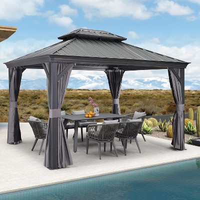PURPLE LEAF Outdoor Gazebo Aluminum Frame Galvanized Steel Double Roof Patio Hardtop Gazebo with Curtains and Netting for Patio Lawn and Garden