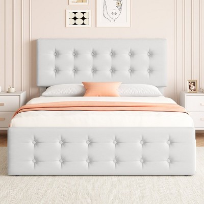Whizmax Bed Frame with 4 Storage Drawers and Headboard, Linen Upholstered Platform Bed Frame with Wooden Slats Support, Button Tufted Design
