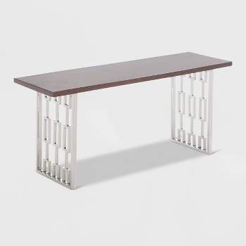 Lennox Contemporary Wood and Silver Metal Bench Dark Walnut Brown - Adore Decor