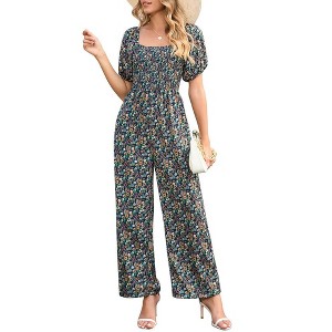 Whizmax Women's Summer Smocked Jumpsuits Casual Square Neck Short Sleeve High Waist Wide Leg Rompers with Pockets - 1 of 4
