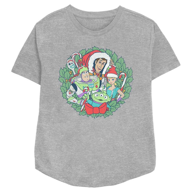 Women's Toy Story Christmas Wreath Characters T-Shirt, 1 of 4