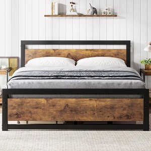 King/Queen/Full Size Bed Frame, Industrial King Bed Platform with Headboard No Box Spring Needed, 14 Inch Easy /Assemble King Mattress Bedframe - 1 of 4