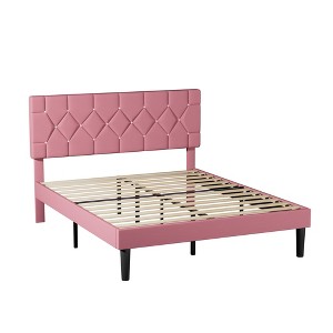 VECELO Queen/Full/Twin Upholstered Platform Bed Frame with Button Tufted Adjustable Headboard - 1 of 4