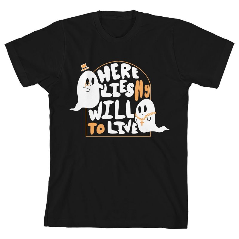 Kids Halloween Dapper Ghost With Gangster Ghost "Here Lies My Will To Live" Youth Black Short Sleeve Crew Neck Tee, 1 of 4