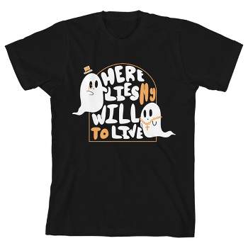Kids Halloween Dapper Ghost With Gangster Ghost "Here Lies My Will To Live" Youth Black Short Sleeve Crew Neck Tee