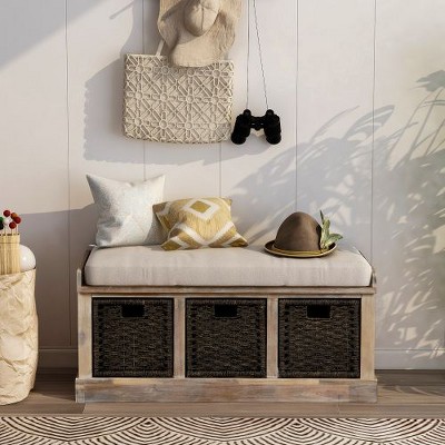MAXZZZ Rustic Storage Bench with 3 Removable Classic Rattan Basket , Entryway Bench Storage Bench