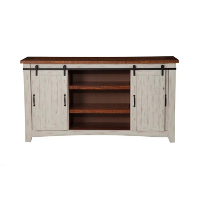 Antique White and Aged Distressed Pine 65" TV Stand with Cabinet