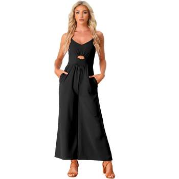 Allegra K Women's Casual Sleeveless Cut Out Smocked Loose Wide Leg Romper Jumpsuits