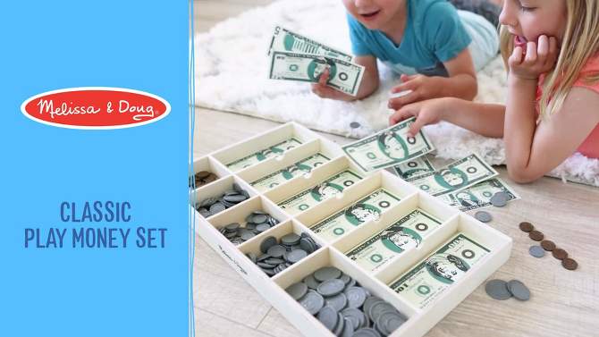 Melissa &#38; Doug Play Money Set - Educational Toy With Paper Bills and Plastic Coins (50 of each denomination) and Wooden Cash Drawer for Storage, 2 of 12, play video
