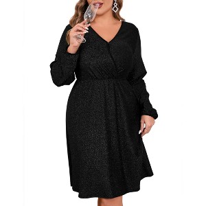 WhizMax Women's Plus Size Sparkly Sequin Dress Long Sleeve Wrap V Neck Cocktail Club Dress - 1 of 4