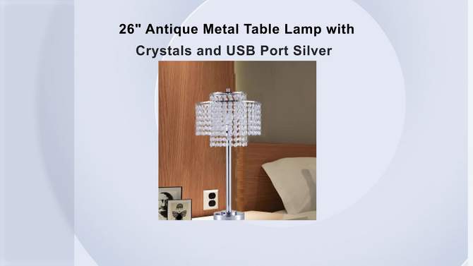 26&#34; Antique Metal Table Lamp with Crystals and USB Port Silver - Ore International, 2 of 6, play video