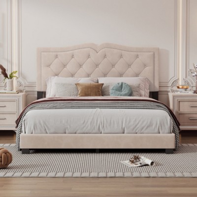 Modern Velvet Upholstered Platform Bed with Tufted Headboard,Sturdy Wood Frame,Queen Size-Maison Boucle