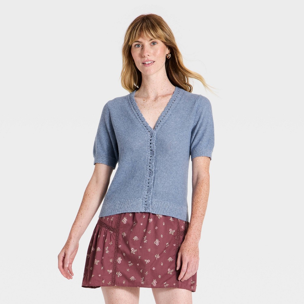 Women's Short Sleeve Heirloom V-Neck Cardigan Sweater - Universal Thread™ Heather Blue XS